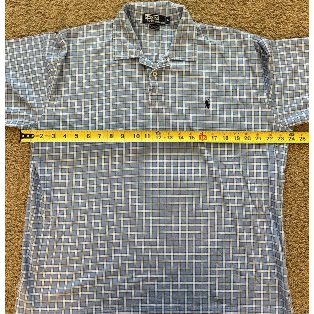 Polo Ralph‎ Lauren Mens Polo Shirt Cotton Blue Plaid Navy Pony Logo Size Large